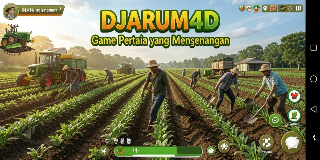 Screenshot gameplay DJARUM4D menampilkan ladang yang subur dan interaksi petani.