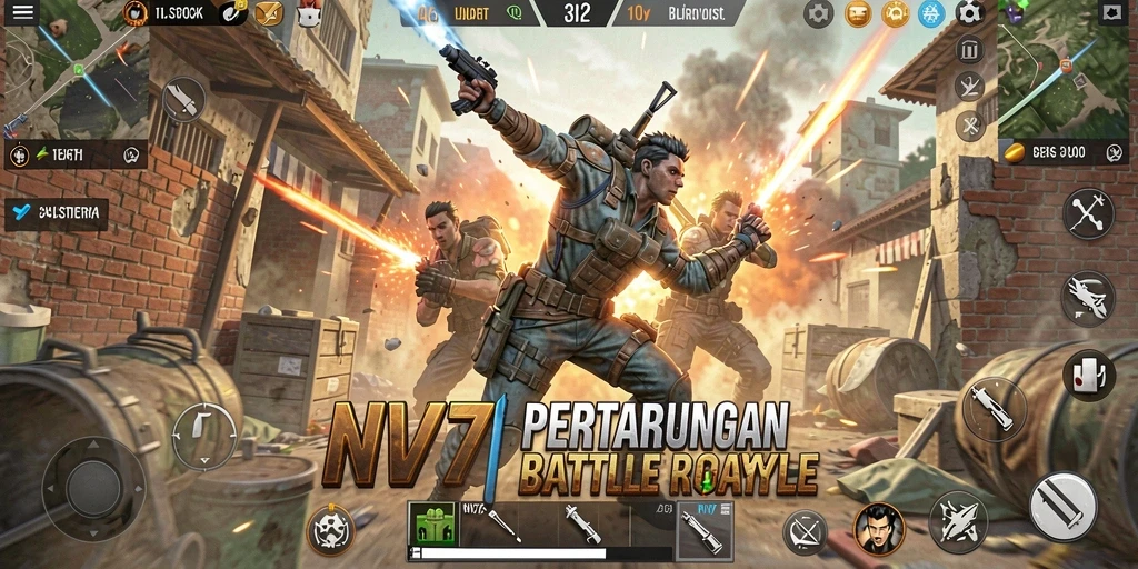 Tangkapan layar dari aksi intens dalam permainan Battle Royale NV77.