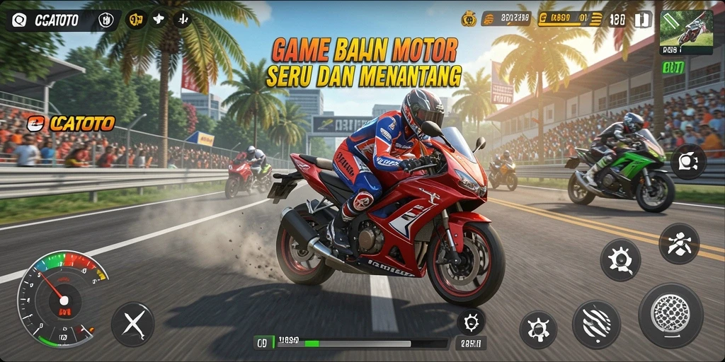 Tampilan seru gameplay OCATOTO dengan aksi balapan motor yang mendebarkan.