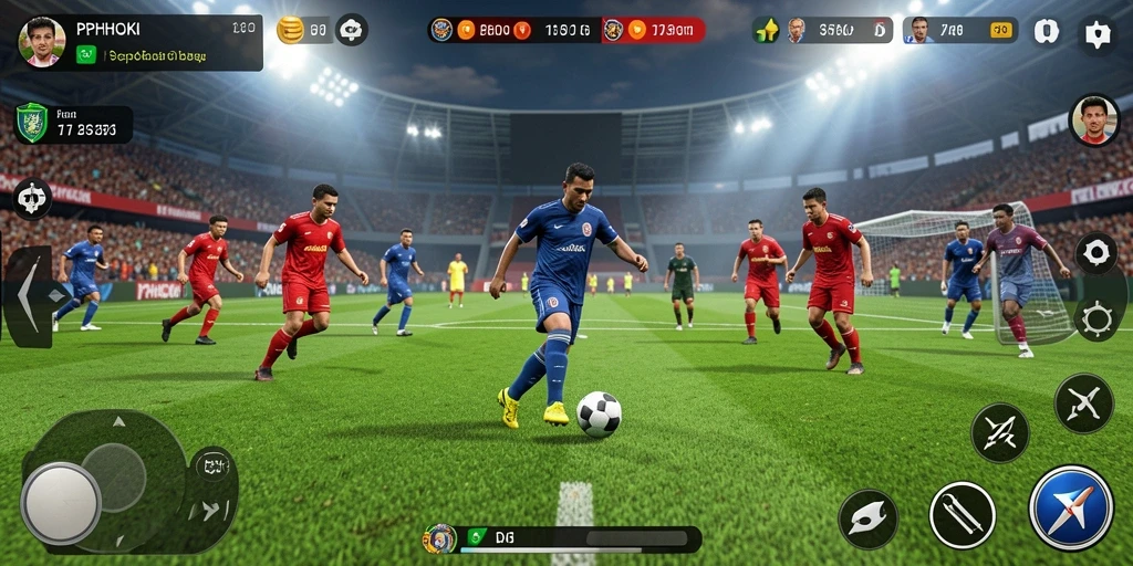 Tampilan gameplay PPHOKI dengan aksi sepak bola yang mendebarkan.
