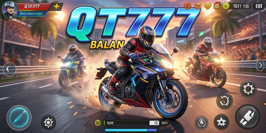 Screenshot gameplay QT777 yang menunjukkan balapan motor yang mendebarkan.