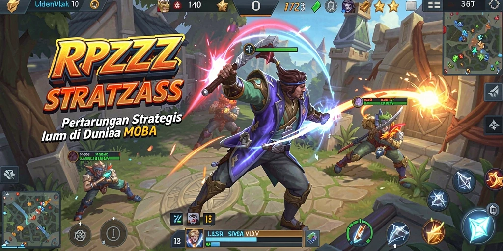Tangkapan layar utama RPZZZ menampilkan aksi seru pertarungan MOBA.