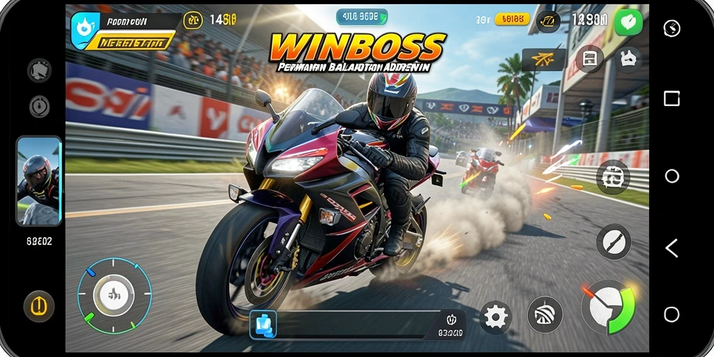 Tampilan gameplay seru dan menegangkan di WINBOSS saat balapan motor.